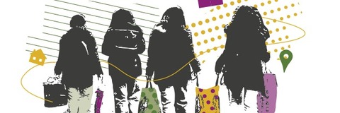 Vier personen lopen samen met boodschappentassen. Op de achtergrond staan grafische symbolen zoals huisjes, stippen en lijnen.